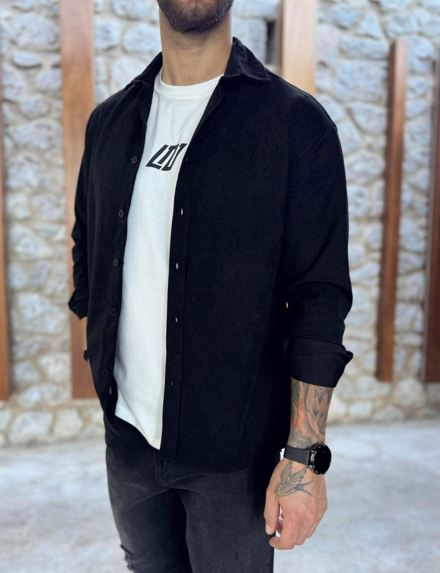 RMZ Ανδρικό μαύρο κοτλέ Overshirt με γιακά RMZ470M